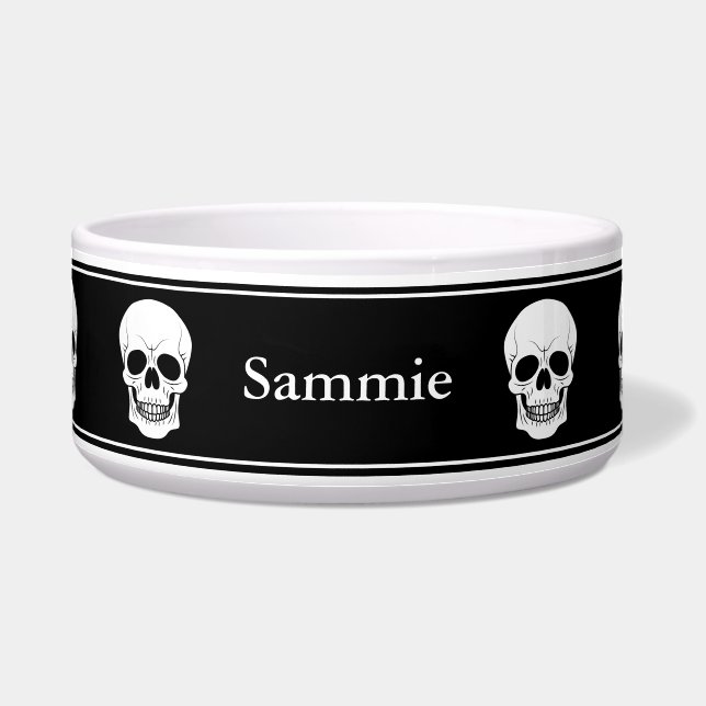 Schwarz-Weiß-Schädel mit Namen Halloween Napf (Vorderseite)