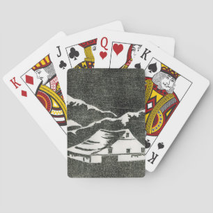 Schwarz-Weiß-Scheune mit Feldern und Hügeln Spielkarten