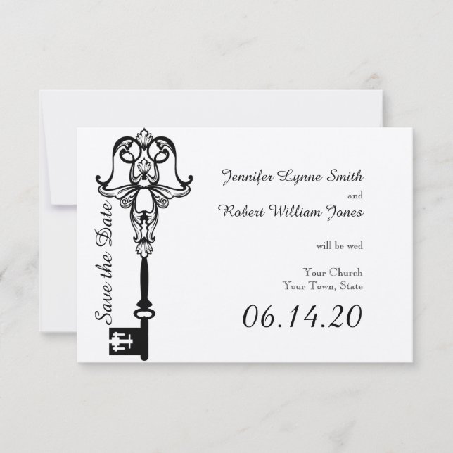 Schwarz-Weiß-Schlüssel-Hochzeit speichern Sie das  Save The Date (Vorderseite)