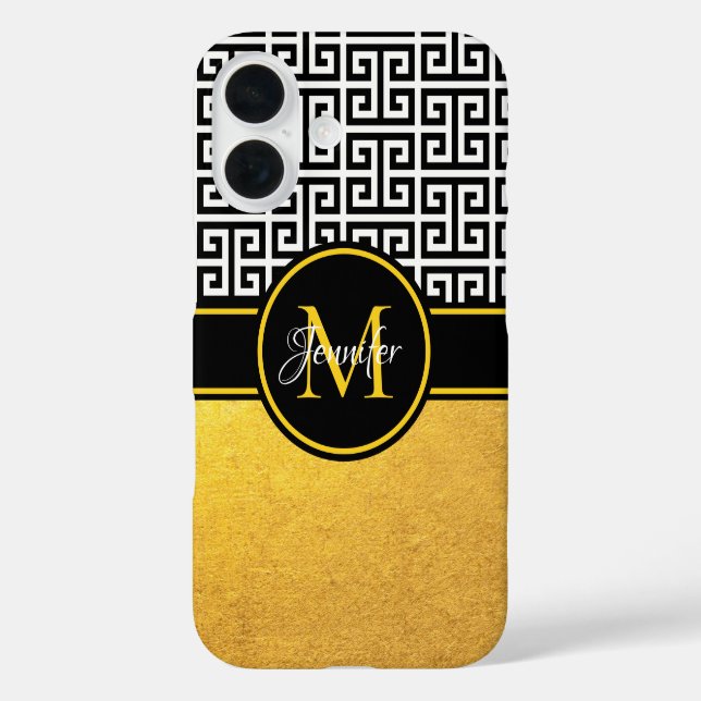 Schwarz-Weiß-Schlüsselmonogramm für Goldfolie iPhone 16 Hülle (Rückseite)