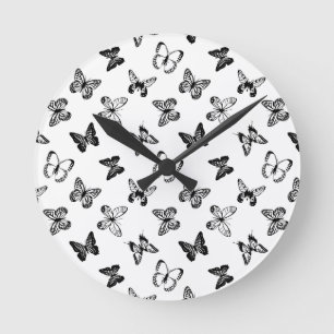Schwarz-Weiß-Schmetterling Illustration Weiß Runde Wanduhr