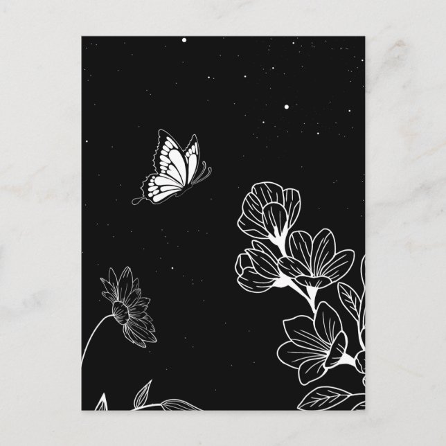 Schwarz-Weiß-Schmetterling und Blume in der Nacht  Postkarte (Vorderseite)
