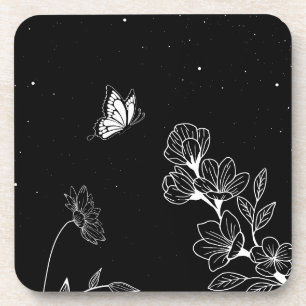 Schwarz-Weiß-Schmetterling und Blumen bei Nacht Ku Getränkeuntersetzer