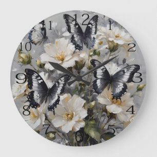 Schwarz-Weiß-Schmetterlinge auf weißen Blume, Große Wanduhr