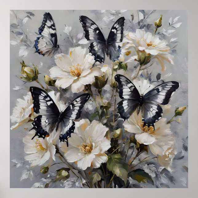 Schwarz-Weiß-Schmetterlinge auf weißen Blume, Poster (Vorne)