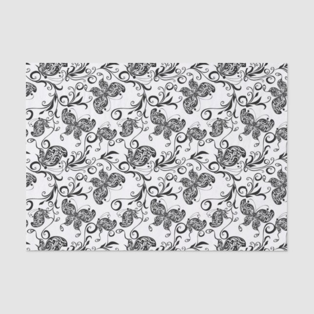 Schwarz-Weiß-Schmetterlinge & Blume-Muster Seidenpapier (Vorderseite)