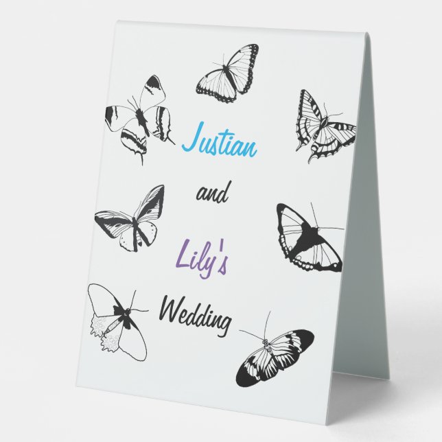 Schwarz-Weiß-Schmetterlinge-Hochzeit Tischaufsteller (Vorderseite)