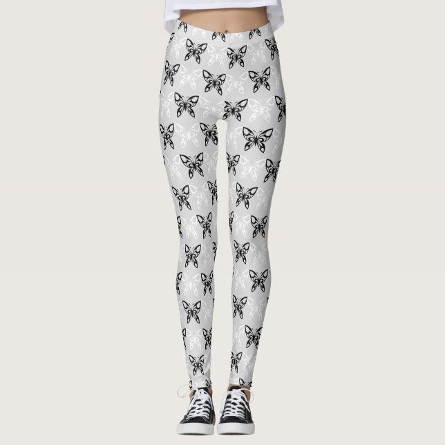 Schwarz-Weiß-Schmetterlinge Leggings (Vorderseite)