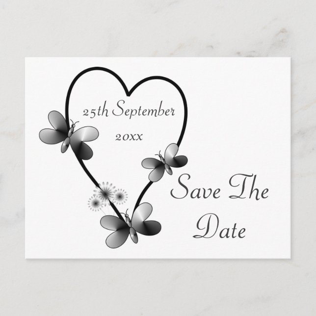 Schwarz-Weiß-Schmetterlinge Save the Date Ankündigungspostkarte (Vorderseite)