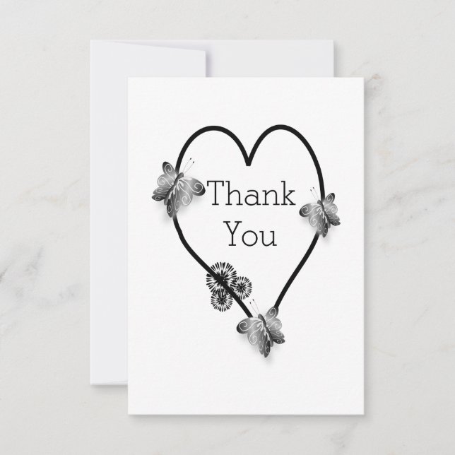 Schwarz-Weiß-Schmetterlingsherz-Design-Hochzeit Dankeskarte (Vorderseite)