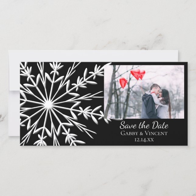 Schwarz-Weiß-Schneeflocke Hochzeit retten das Datu Save The Date (Vorderseite)