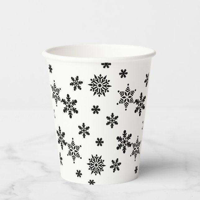 Schwarz-Weiß-Schneeflocken Papier-Cup Pappbecher (Vorderseite)
