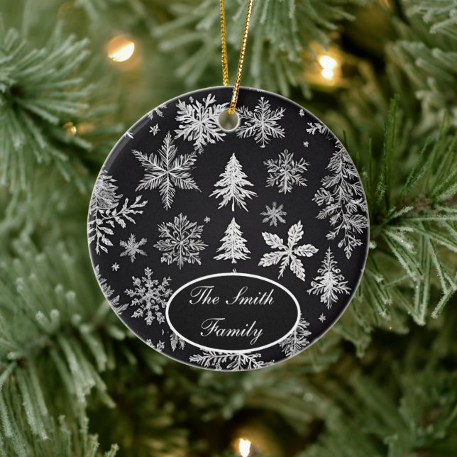 Schwarz-Weiß-Schneeflocken *Persönlich gestalten* Keramik Ornament (Baum)