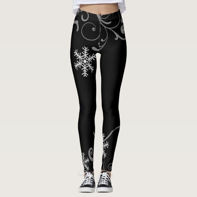 Schwarz-Weiß-Schneeflocken-Wirbel Leggings (Vorderseite)
