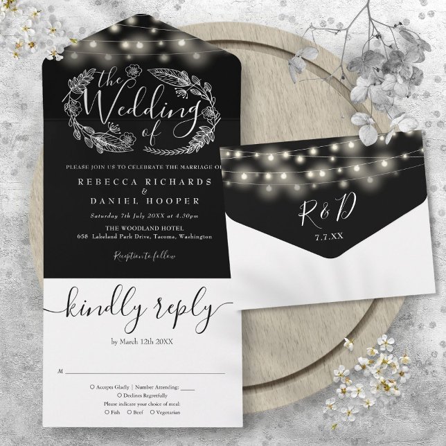 Schwarz-Weiß-Schnüren-Hochzeit All In One Einladung (Black And White String Lights Foliage Wedding All In One Invitation)