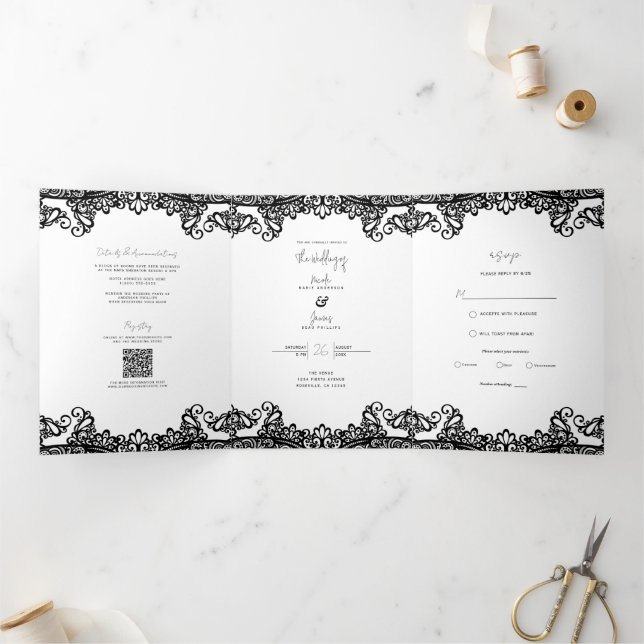 Schwarz-Weiß-Schnürsenkel Elegante Hochzeit Dreifach Gefaltete Einladung (Innenseite)