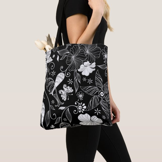Schwarz-Weiß-schöne Retro-Blume Tasche (Von Nahem)