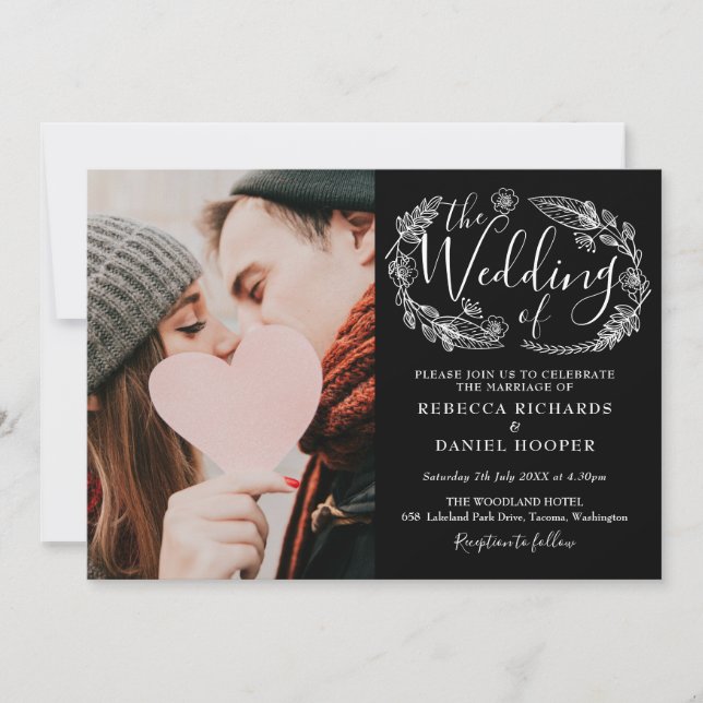 Schwarz-Weiß-Schrift-Hochzeitsschrift-Foto Einladung (Vorderseite)