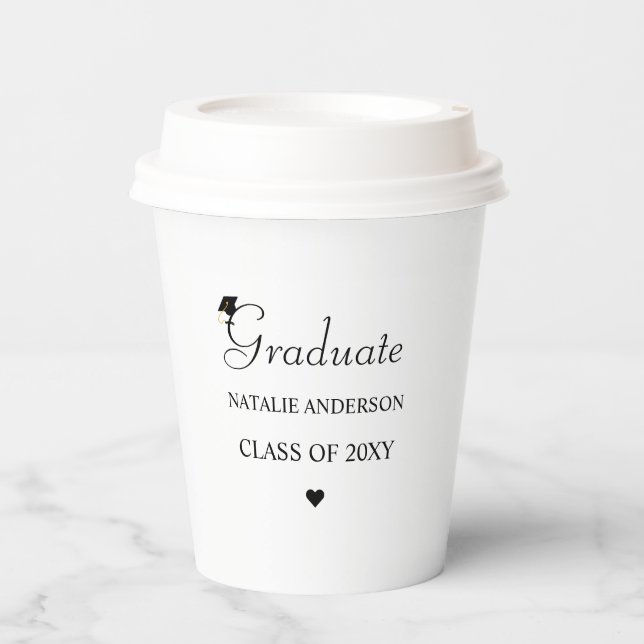 Schwarz-Weiß-Script-Eleganter Graduate-Abschluss Pappbecher (Vorderseite)