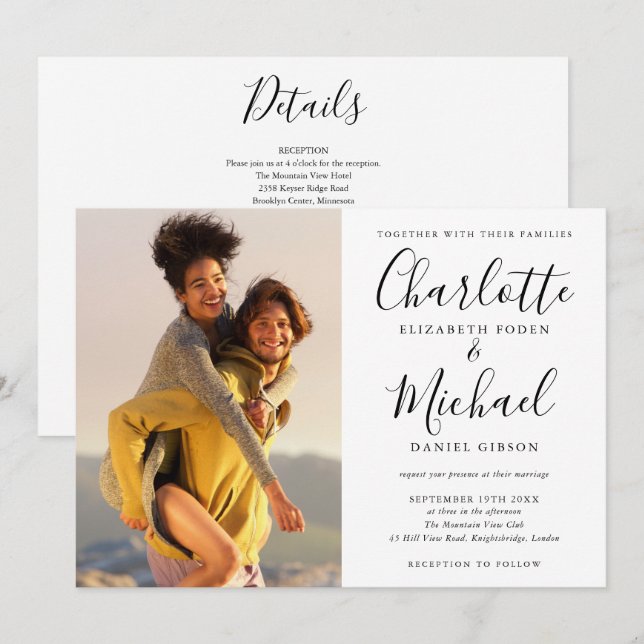 Schwarz-Weiß-Script-Foto-Hochzeit in einem Einladung (Vorne/Hinten)