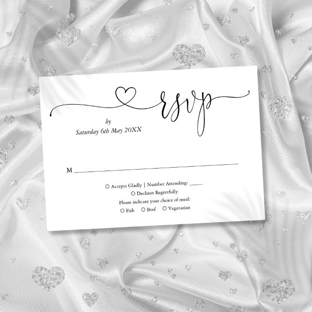 Schwarz-Weiß-Script-Herz RSVP Karte (Black And White Elegant Script Heart RSVP Card)
