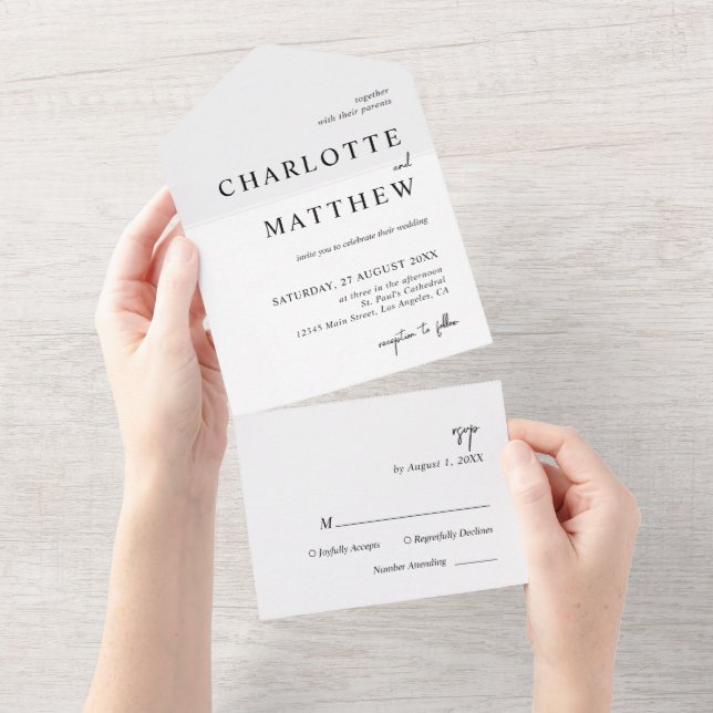Schwarz-Weiß-Script-Hochzeit All In One Einladung (Abreißen)