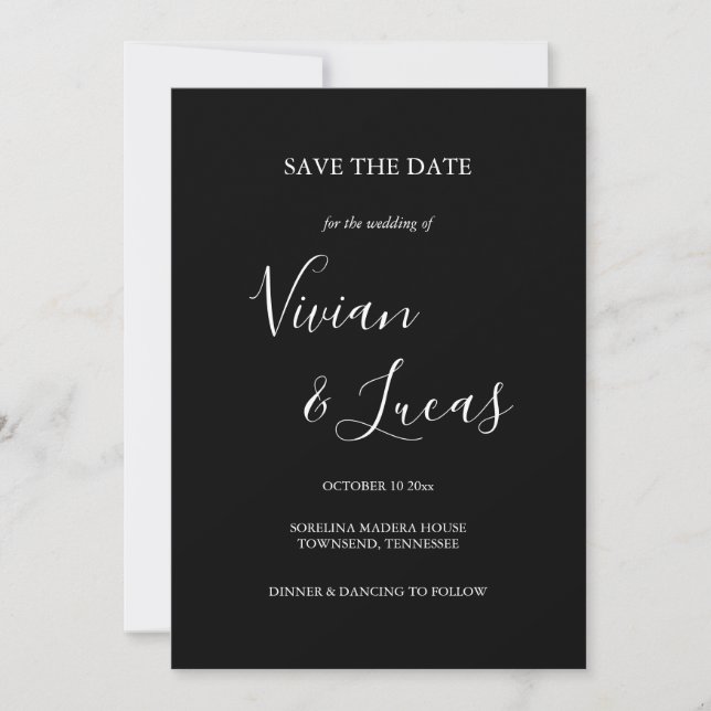 Schwarz-Weiß-Script-Hochzeit speichern Sie das Dat Save The Date (Vorderseite)