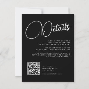 Schwarz-Weiß-Script-Hochzeitsdetails RSVP-Karte Einladung
