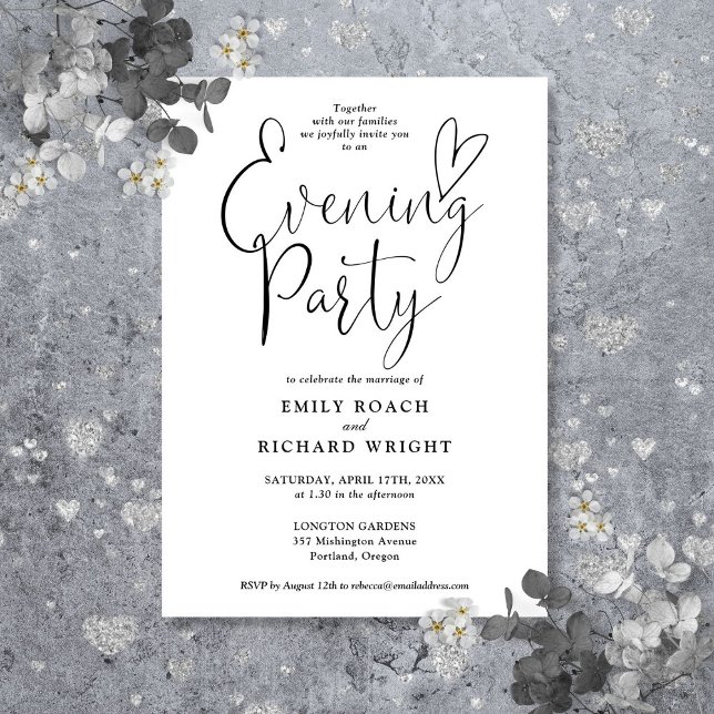 Schwarz-Weiß-Script-Hochzeitsschrift-Abend-Party Einladung (Black And White Script Wedding Evening Party Invitation)