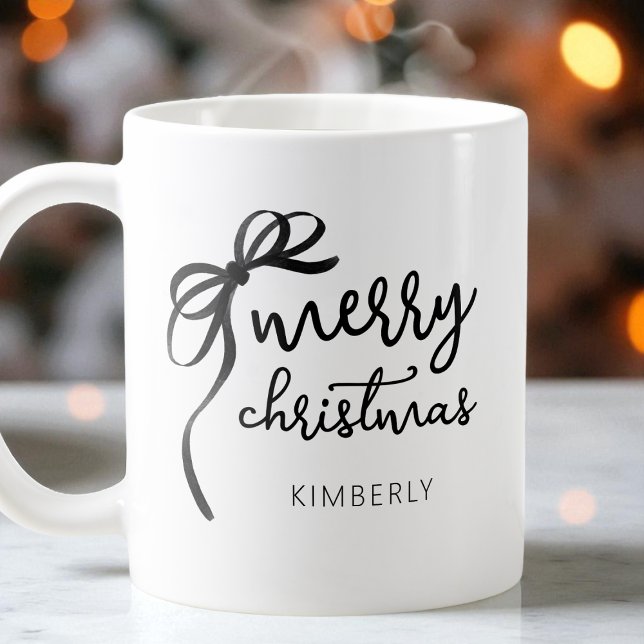 Schwarz-Weiß-Script Moderner Bow Frohe Weihnachten Kaffeetasse (Black and White Script Modern Bow Merry Christmas Coffee Mug)
