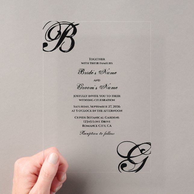 Schwarz-Weiß-Script-Monogramm-Hochzeit Acryleinladungen (Insitu (Handheld))