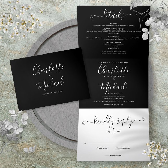 Schwarz-Weiß-Script-Monogramm-Hochzeit Dreifach Gefaltete Einladung (Black And White Elegant Script Monogram Wedding Tri-Fold Invitation)