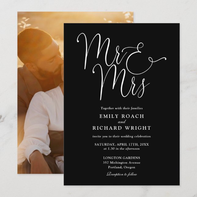 Schwarz-Weiß-Script Mr. und Mrs. Foto Wedding Einladung (Vorne/Hinten)