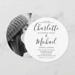 Schwarz-Weiß-Script-Rundfoto-Hochzeit Einladung