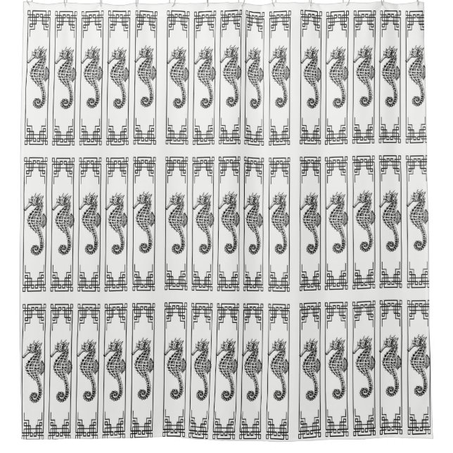 Schwarz-Weiß-Seepferd - Grafik Duschvorhang (Vorderseite)