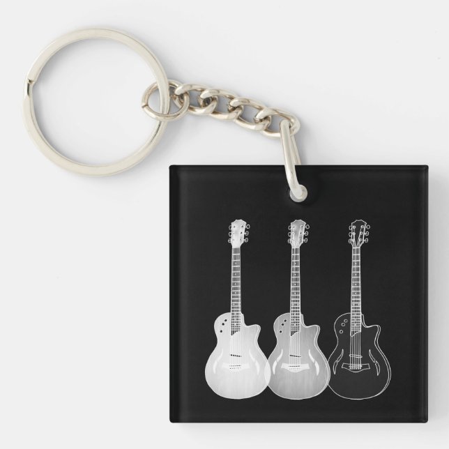 Schwarz & Weiß Semi Acoustic Gitarre Monochrome Ku Schlüsselanhänger (Vorderseite)