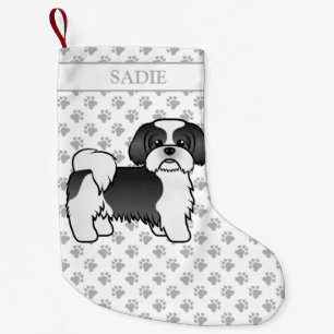 Schwarz-Weiß-Shih-Tzu-Cartoon-Hund und Name Kleiner Weihnachtsstrumpf
