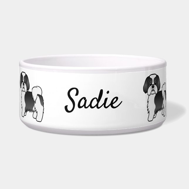 Schwarz-Weiß-Shih-Tzu-Cartoon-Hund und Name Napf (Vorderseite)