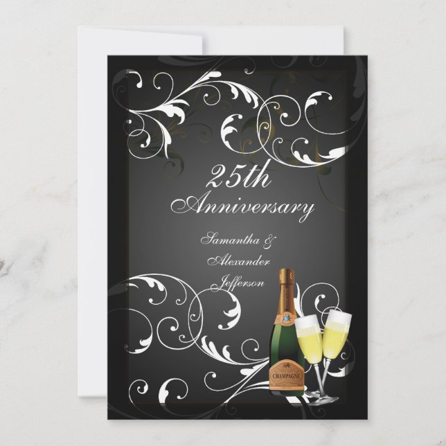Schwarz-Weiß-Silber-Champagner-Jubiläum Einladung (Vorderseite)