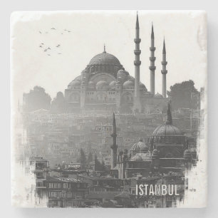 Schwarz-Weiß-Silhouette der Skyline von Istanbul Steinuntersetzer
