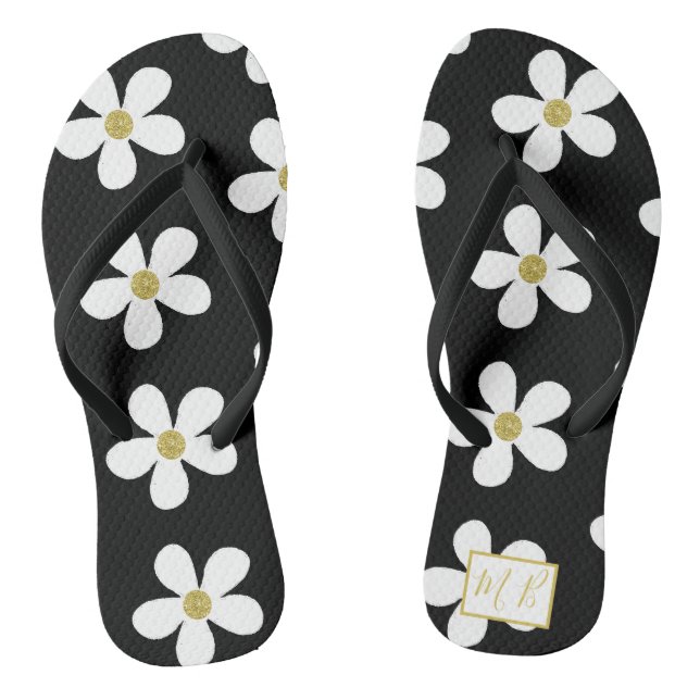 Schwarz-weiß Simple Daisy Gold Monogram Flip Flops (Fußbett)