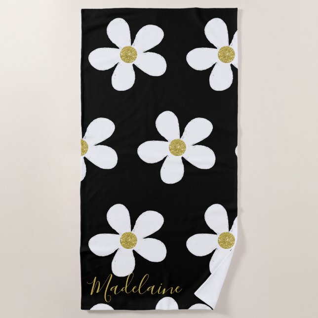 Schwarz-weiß Simple Daisy Gold Personal Strandtuch (Vorderseite)