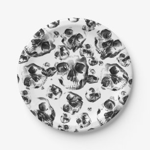 Schwarz-Weiß-Skelett Skelett Skull Art Muster Pappteller