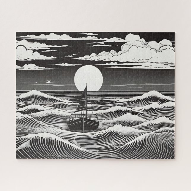 Schwarz-Weiß-Sketch einsames Boot auf See (Horizontal)