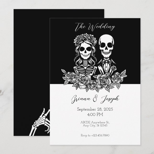 Schwarz-Weiß-Skull-Paar Hochzeit Einladung (Vorne/Hinten)
