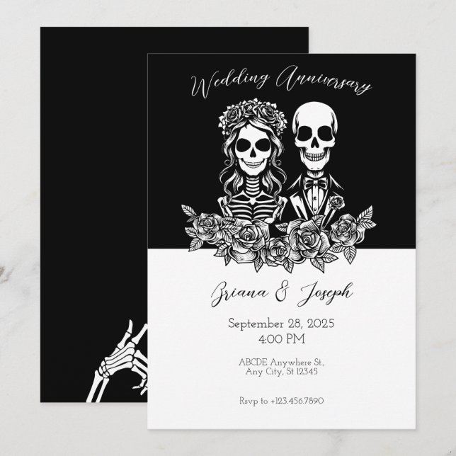 Schwarz-Weiß-Skull-Paar Hochzeitstag Einladung (Vorne/Hinten)