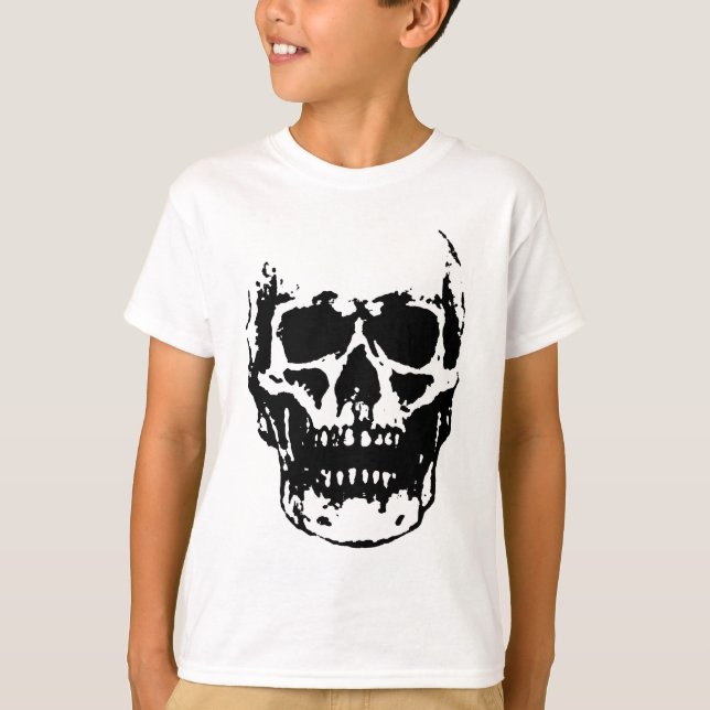 Schwarz-weiß Skull Pop Artwork T-Shirt (Vorderseite)