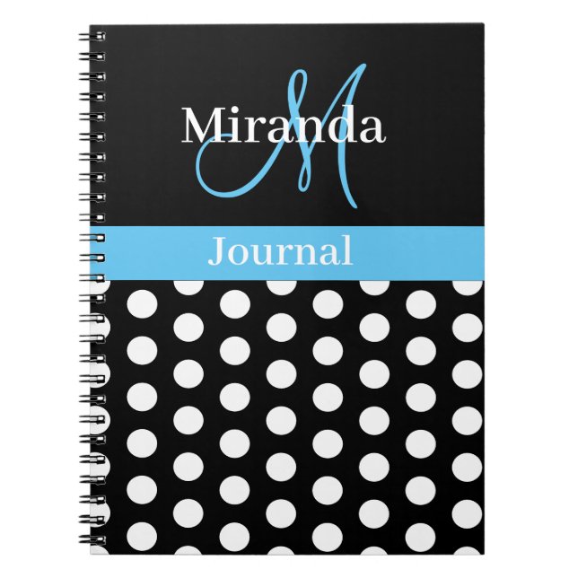 Schwarz-weiß Sky Blue Monogram Script Polka Dots Notizblock (Vorderseite)