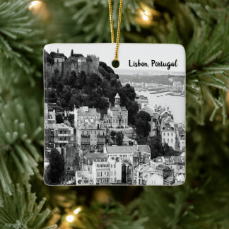 Schwarz-Weiß-Skyline von Lissabon Portugal Keramikornament