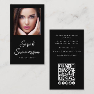 Schwarz-Weiß-Social-Media-QR-Foto-Make-up Visitenkarte